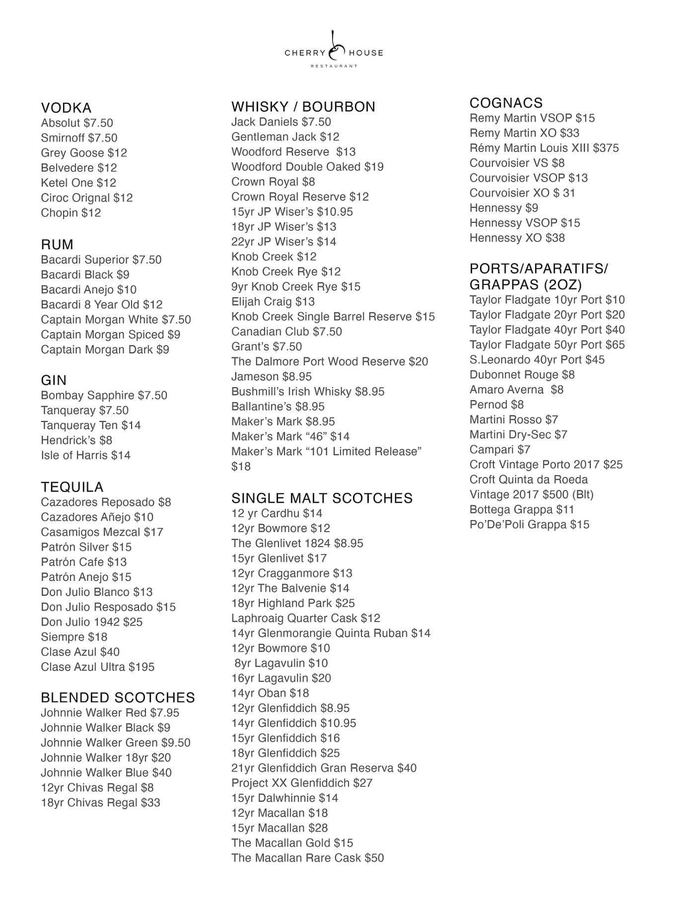 Bar / Cocktail Menu Cherry House Restaurant